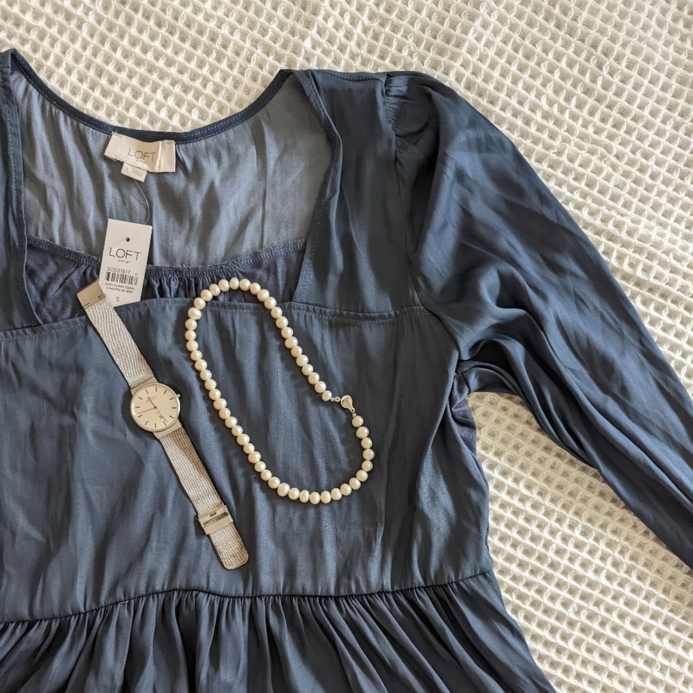 loft tiered square neck long sleeve blouse dusty blue size small